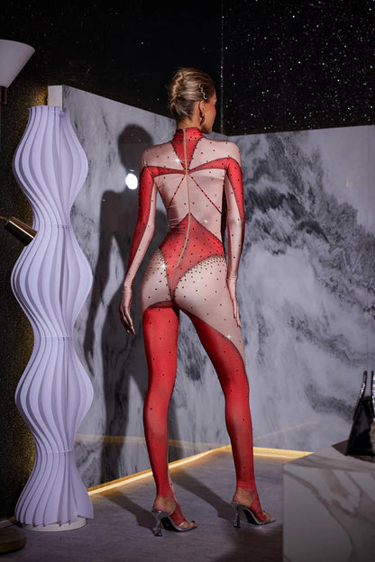 Pera Body Printed Rhinestone Gloves Jumpsuit