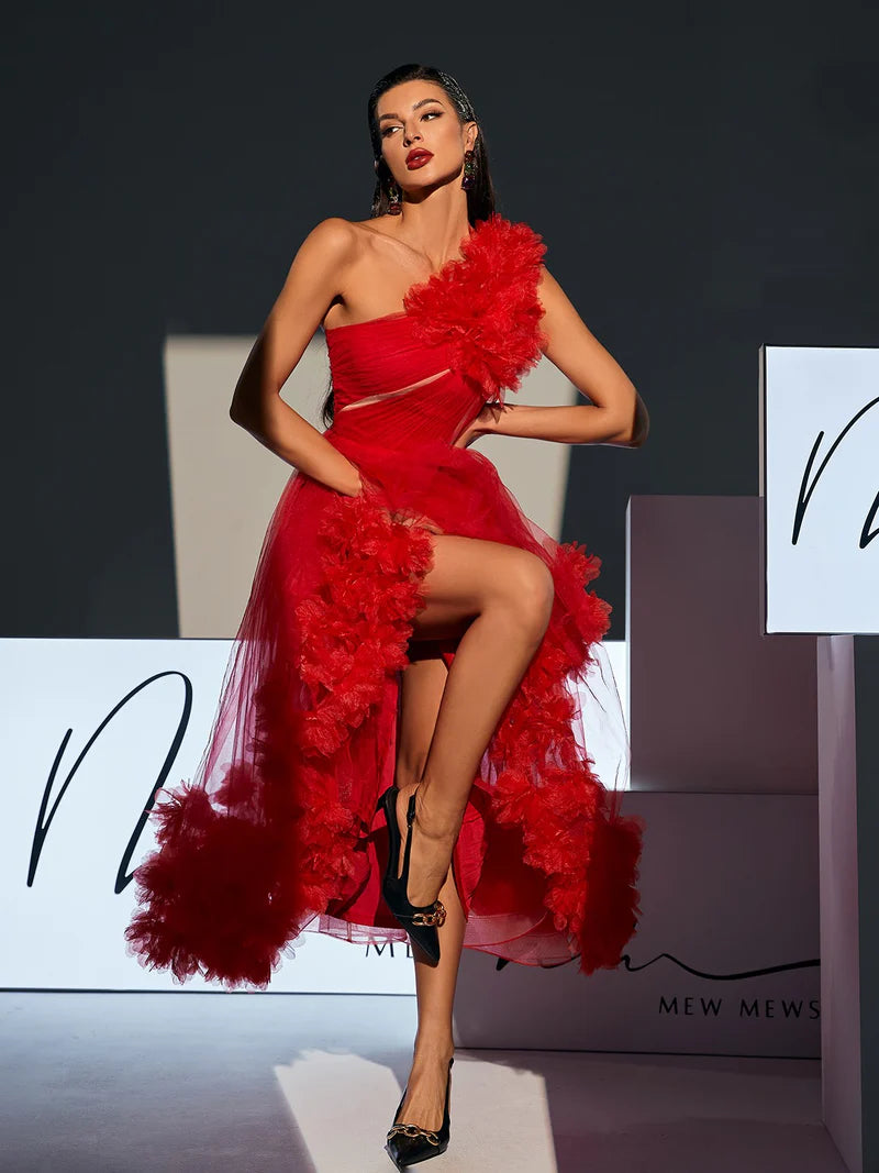 Ghslaine One Shoulder Tulle Midi Dress