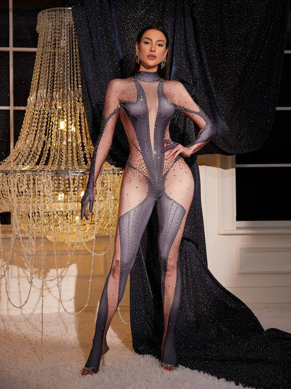 Pera Body Printed Rhinestone Gloves Jumpsuit