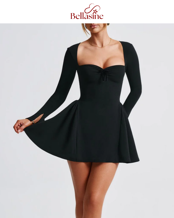 Megan Mini Dress - Long Flare Sleeves Patchwork A-Line Mini Dress