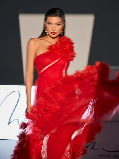 Ghslaine One Shoulder Tulle Midi Dress