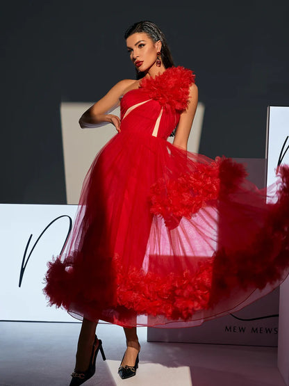 Ghslaine One Shoulder Tulle Midi Dress