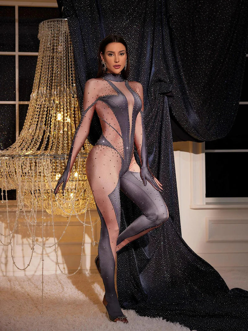 Pera Body Printed Rhinestone Gloves Jumpsuit