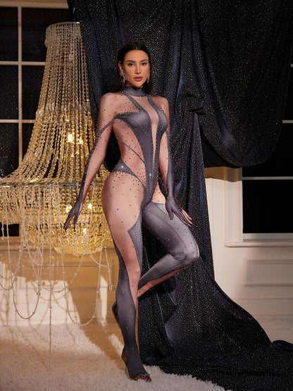 Pera Body Printed Rhinestone Gloves Jumpsuit