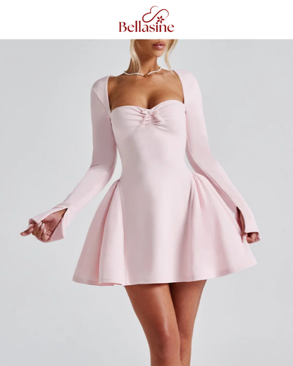 Megan Mini Dress - Long Flare Sleeves Patchwork A-Line Mini Dress