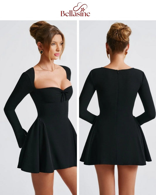 Megan Mini Dress - Long Flare Sleeves Patchwork A-Line Mini Dress