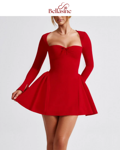 Megan Mini Dress - Long Flare Sleeves Patchwork A-Line Mini Dress
