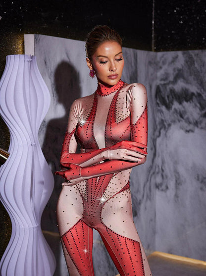 Pera Body Printed Rhinestone Gloves Jumpsuit