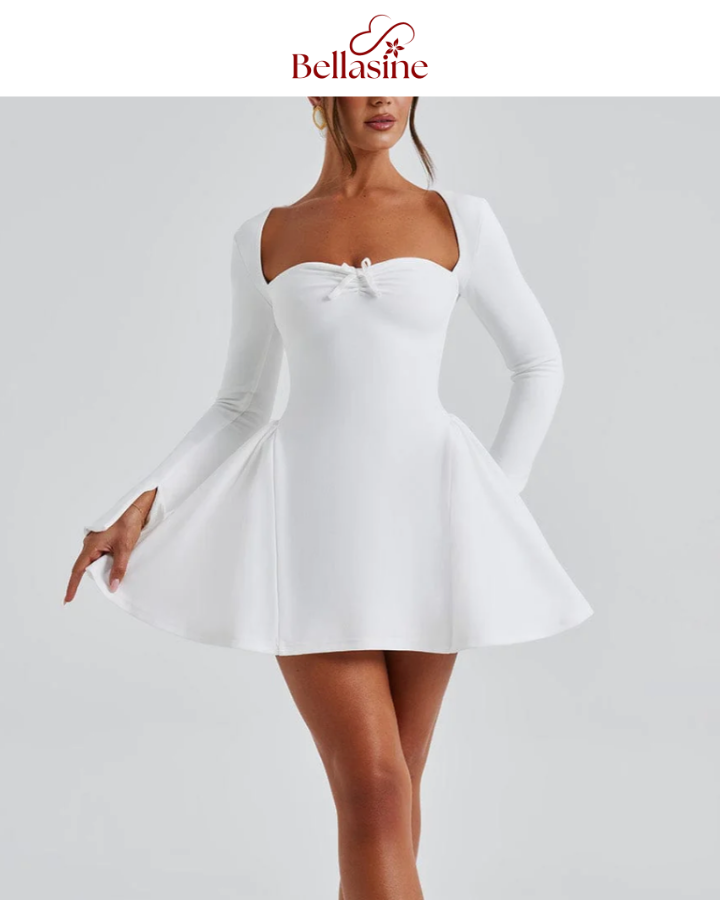 Megan Mini Dress - Long Flare Sleeves Patchwork A-Line Mini Dress