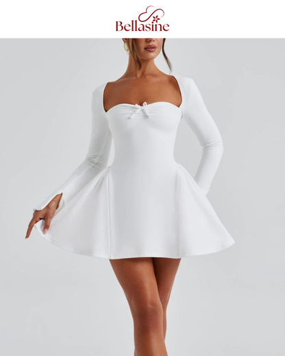 Megan Mini Dress - Long Flare Sleeves Patchwork A-Line Mini Dress