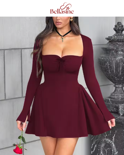 Megan Mini Dress - Long Flare Sleeves Patchwork A-Line Mini Dress
