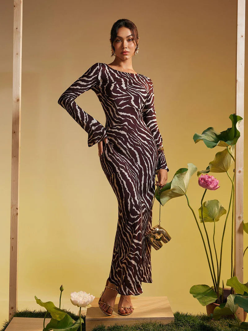 Cecily Long Sleeve Rose Printed Maxi Dress