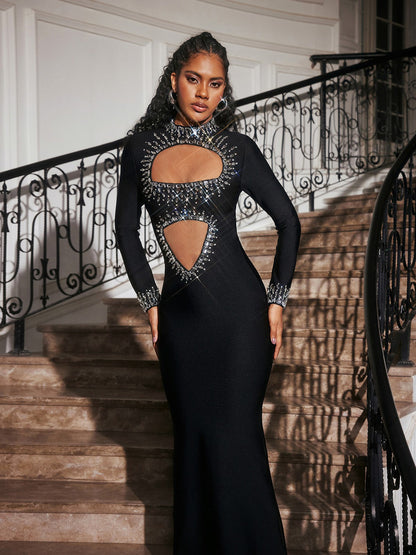 Abena High Neck Rhinestone Bandage Maxi Dress