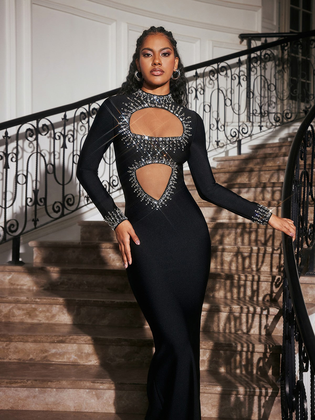 Abena High Neck Rhinestone Bandage Maxi Dress
