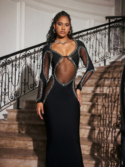 Abeytu Long Sleeve Crystal Bandage Maxi Dress