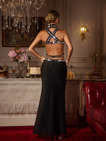 Acelin Halterneck Rhinestone Bandage Maxi Dress