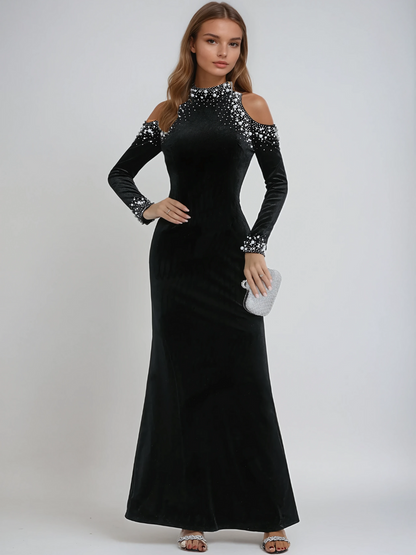 Aceso Long Sleeve Pearl Crystal Velvet Dress