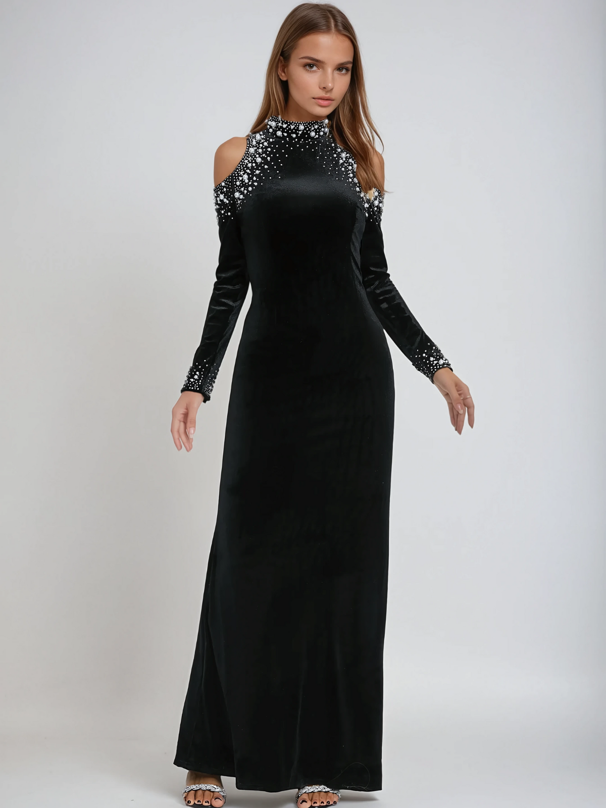 Aceso Long Sleeve Pearl Crystal Velvet Dress