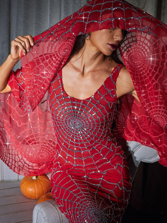 Calyx Cobweb Sequin Veil In Red