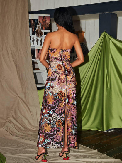 Saige Strapless Flower Embroidered Sequin Dress