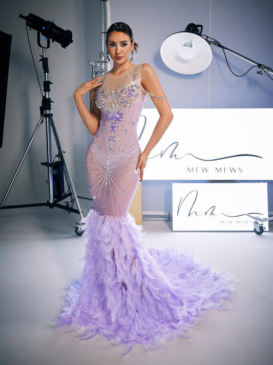 Chaviv Rhinestone Feather Maxi Dress