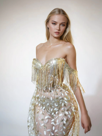 Codruta Strapless Leafy Fringe Maxi Dress