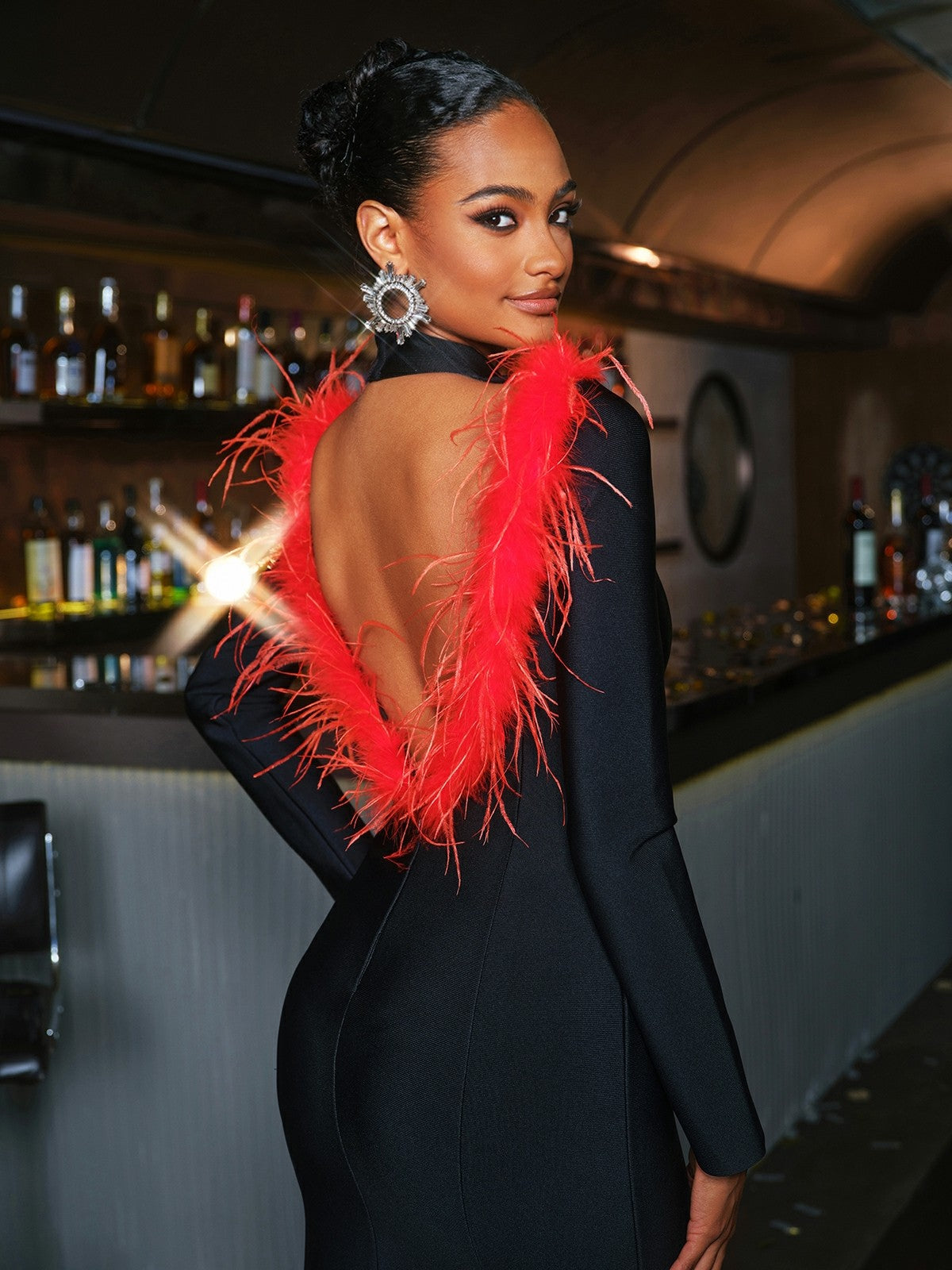 Cordero Long Sleeve Feather Midi Dress
