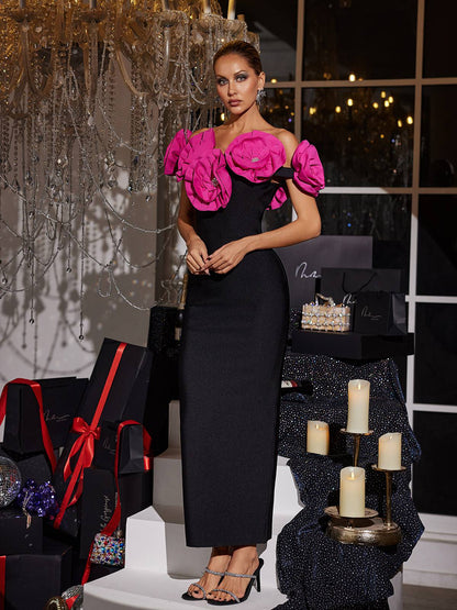 Creed Off Shoulder Flower Bandage Dress In Hot Pink