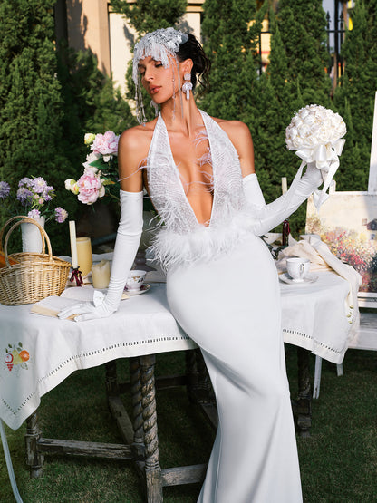 Daru Halterneck Feather Maxi Dress With Gloves