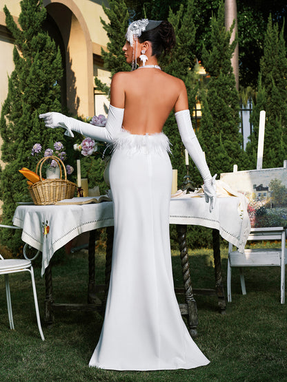 Daru Halterneck Feather Maxi Dress With Gloves