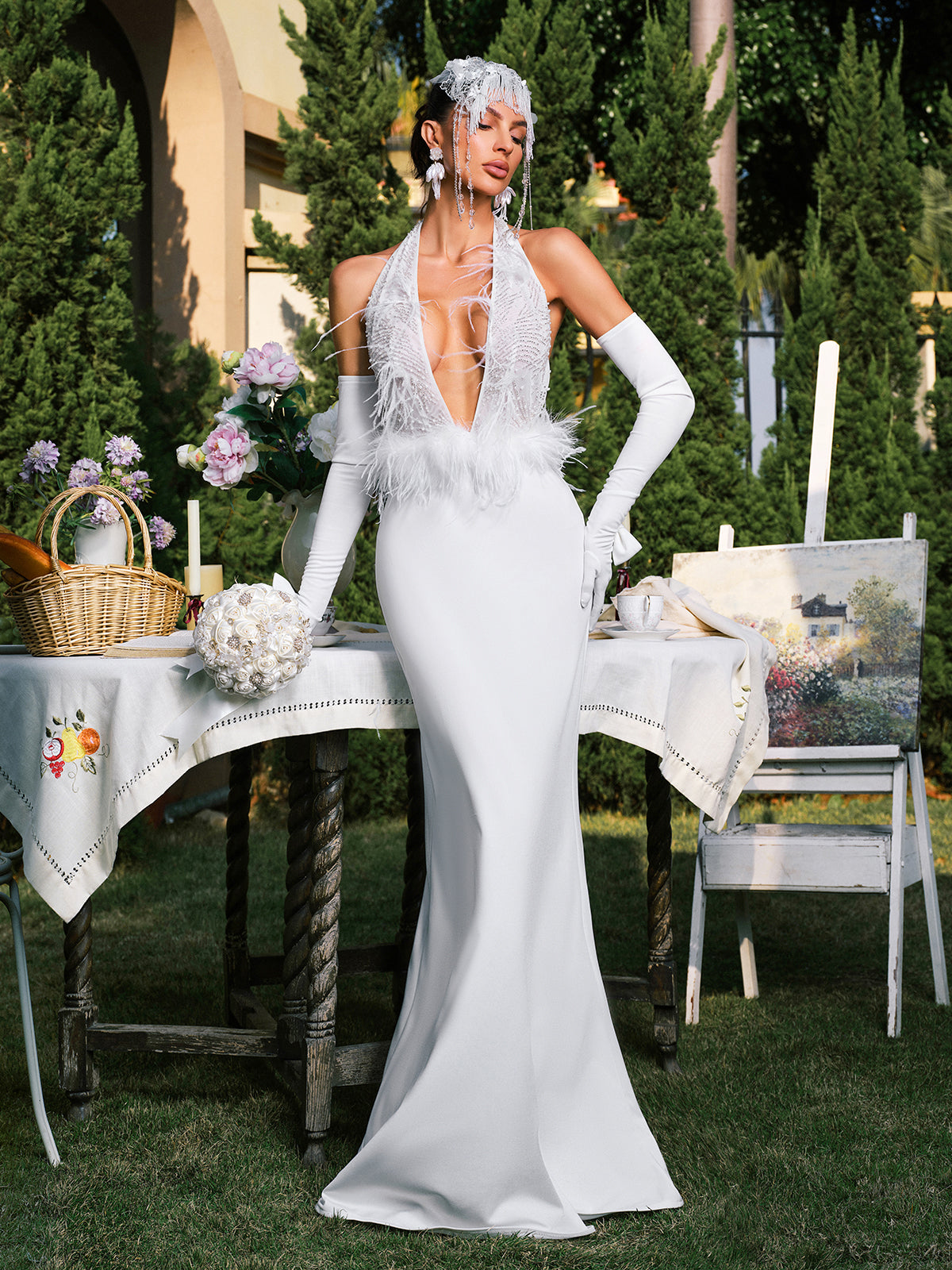 Daru Halterneck Feather Maxi Dress With Gloves