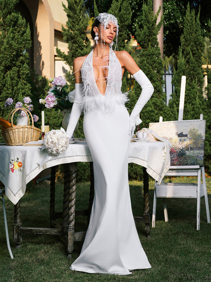 Daru Halterneck Feather Maxi Dress With Gloves