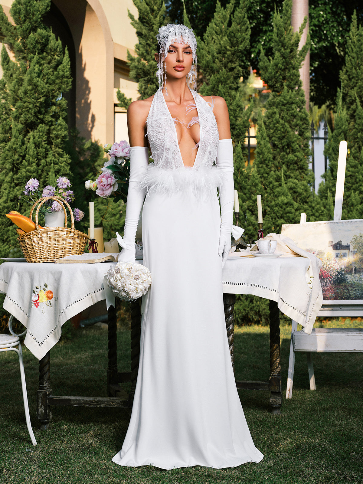 Daru Halterneck Feather Maxi Dress With Gloves