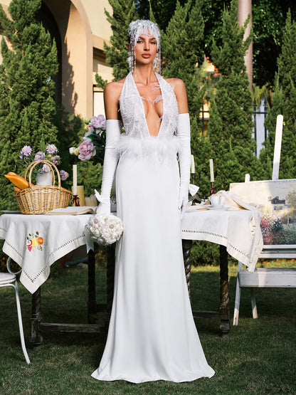 Daru Halterneck Feather Maxi Dress With Gloves