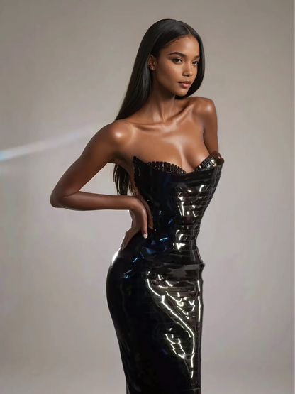 Eadward Strapless Metallic Midi Dress In Black