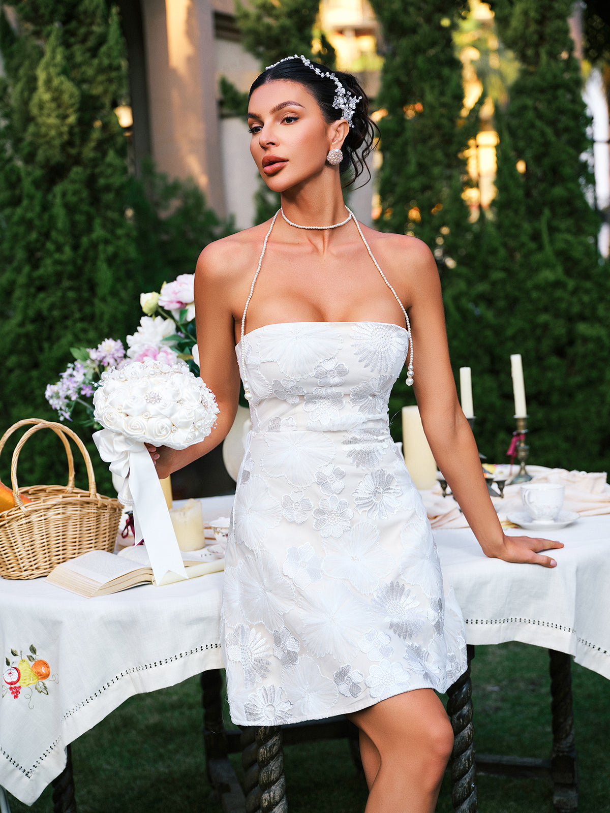 Efharis Strapless Floral Embroidered Mini Dress