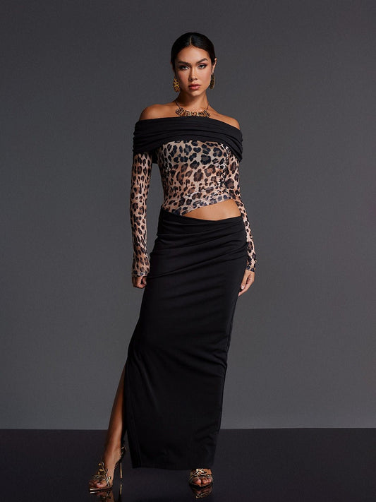 Enabarr Off Shoulder Leopard Ruched Maxi Dress