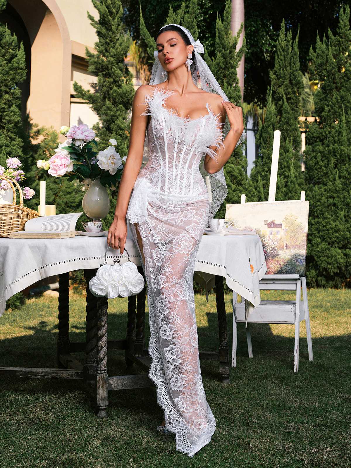 Eorma Strapless Corset Split Lace Maxi Dress