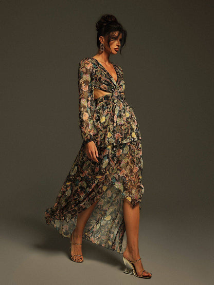 Flavio V Neck Printed Cutout Maxi Dress
