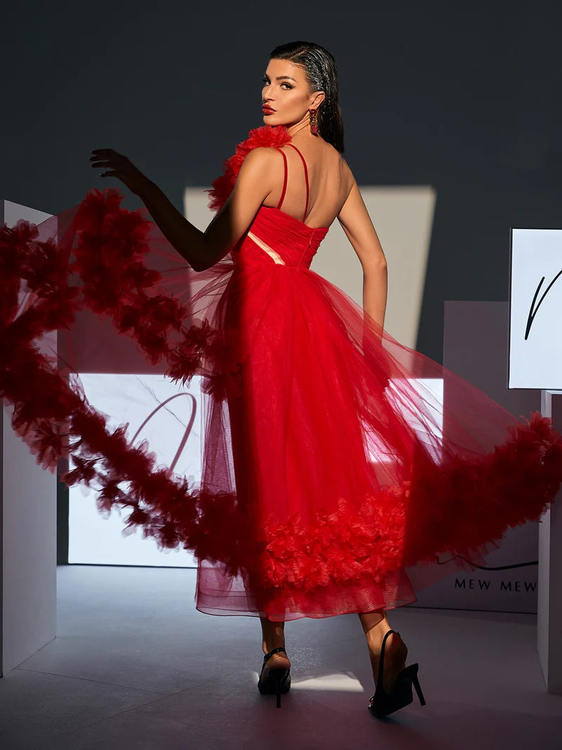 Ghslaine One Shoulder Tulle Midi Dress