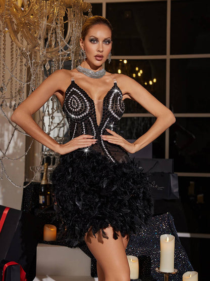 Gotow Rhinestone Feather Trimmed Mini Dress