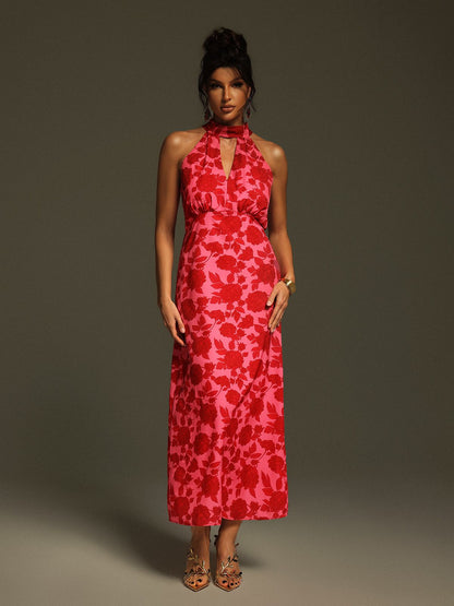 Jacki Halterneck Floral Cutout Midi Dress