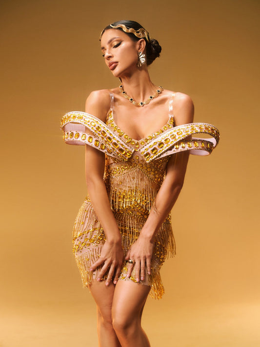 Jaimarie Off Shoulder Rhinestone Fringe Mini Dress In Gold