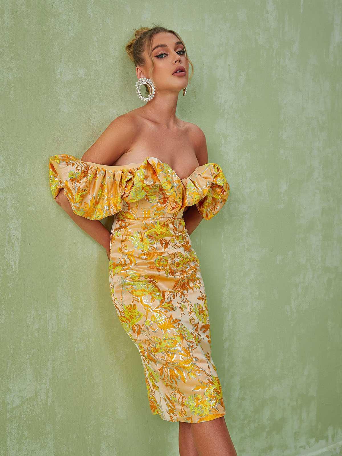 Kore Off Shoulder Jacquard Midi Dress