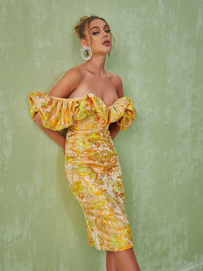 Kore Off Shoulder Jacquard Midi Dress