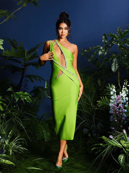 Laibah Leafy Rhinestone Cutout Bandage Midi Dress