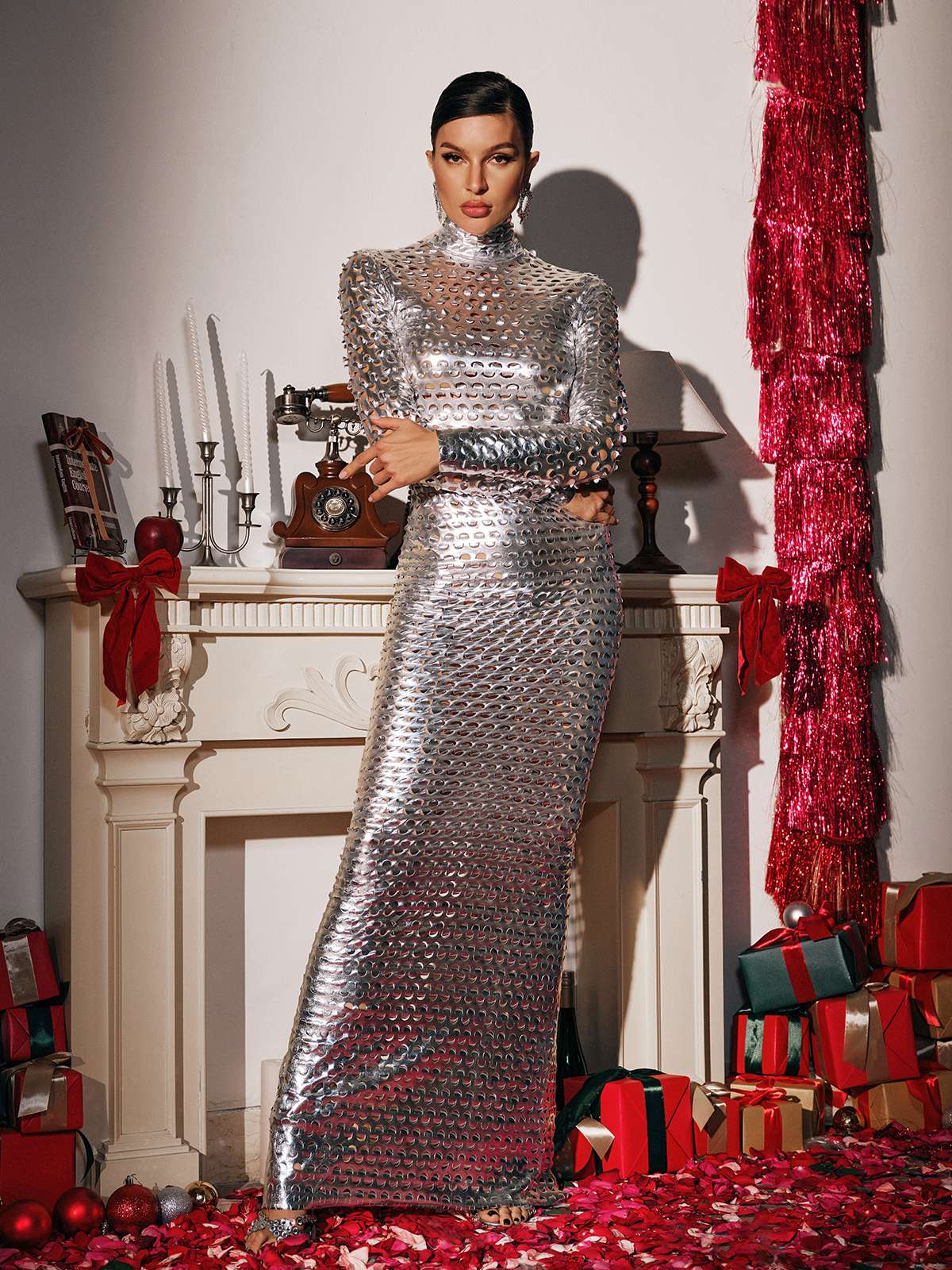Mercy Long Sleeve Cutout Maxi Dress In Silver