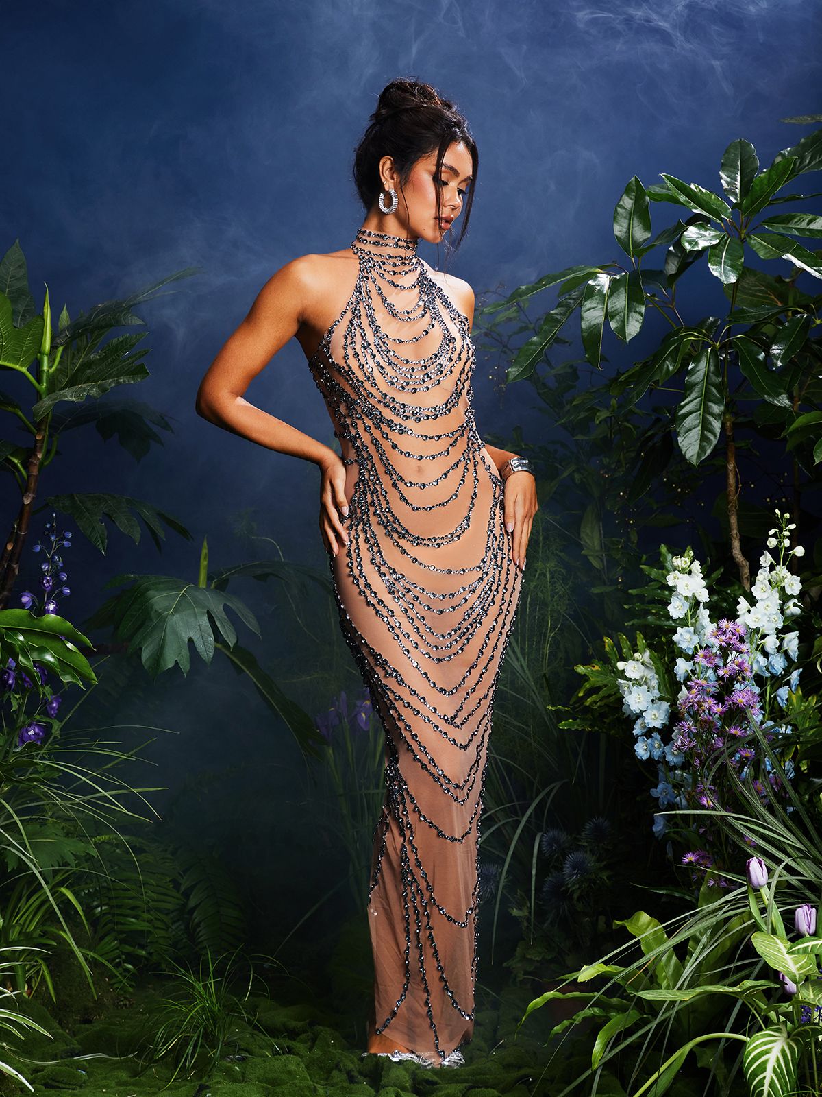 Olisa Halterneck Rhinestone Maxi Dress In Nude