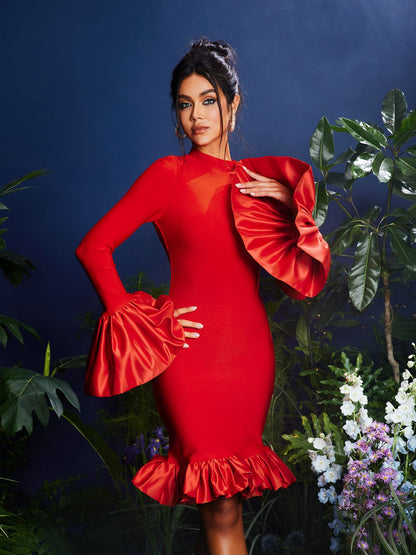 Omiros Flounce Sleeve Bandage Midi Dress