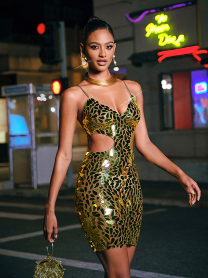 Pennie Spaghetti Cutout Acrylic Mini Dress